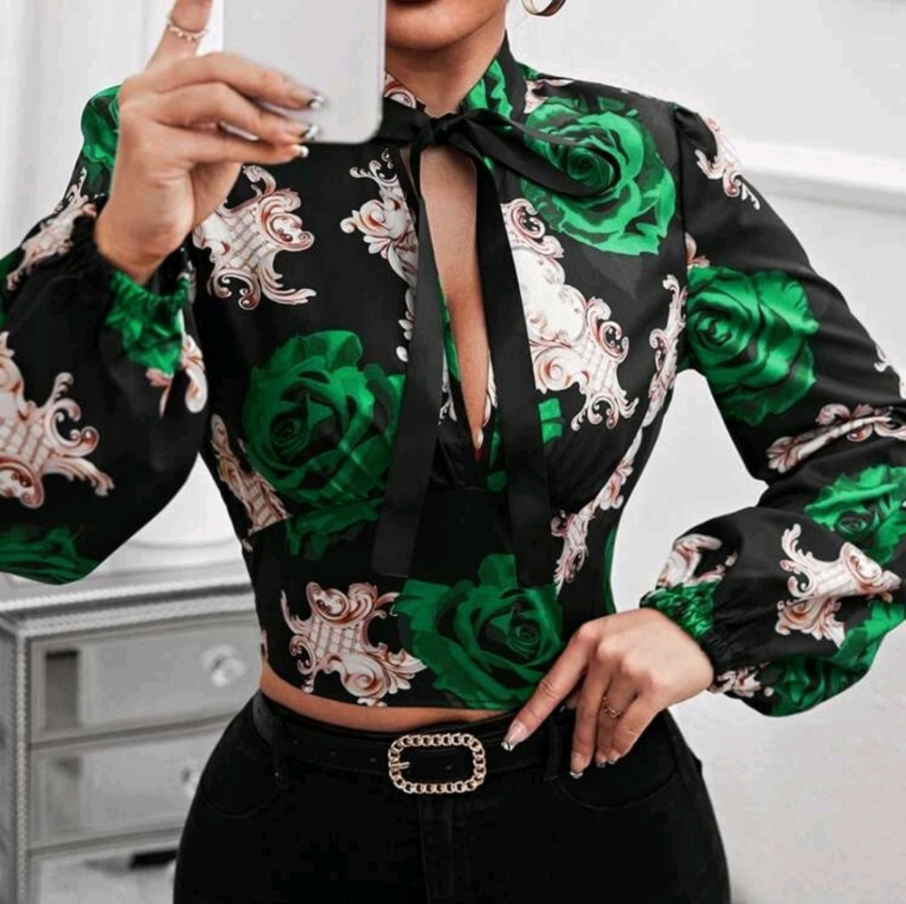 Floral Print Plunge Neck Lantern Sleeve Tie Neck Blouse Cropped Top Shirt